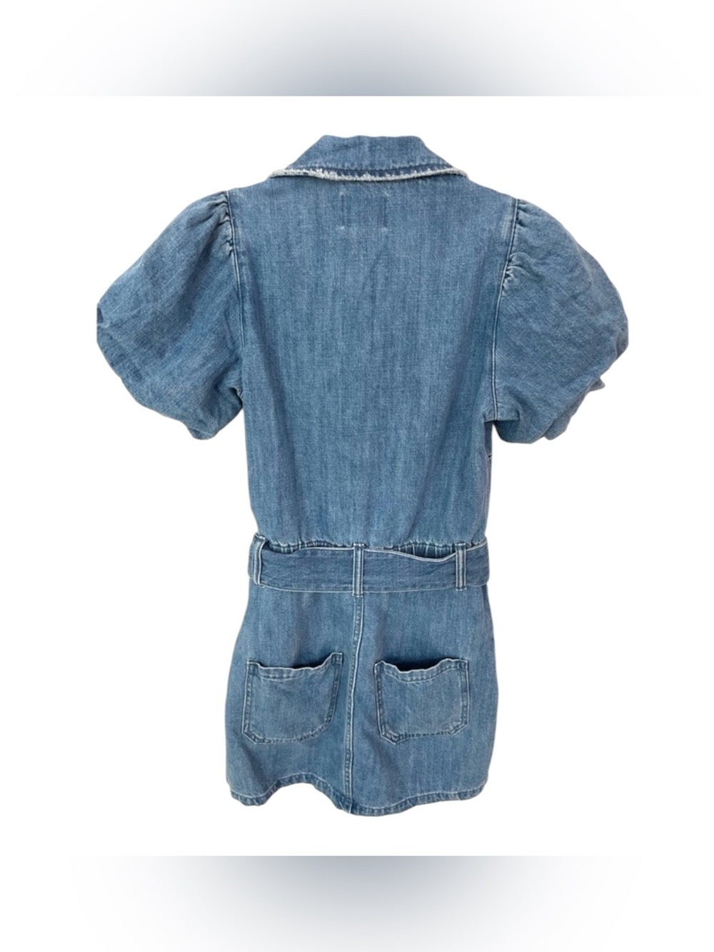 Show Me Your MuMu Oxford Puff Sleeve Belted Zip Up Mini Dress in Stormy Blue- XS - Picture 9 of 9